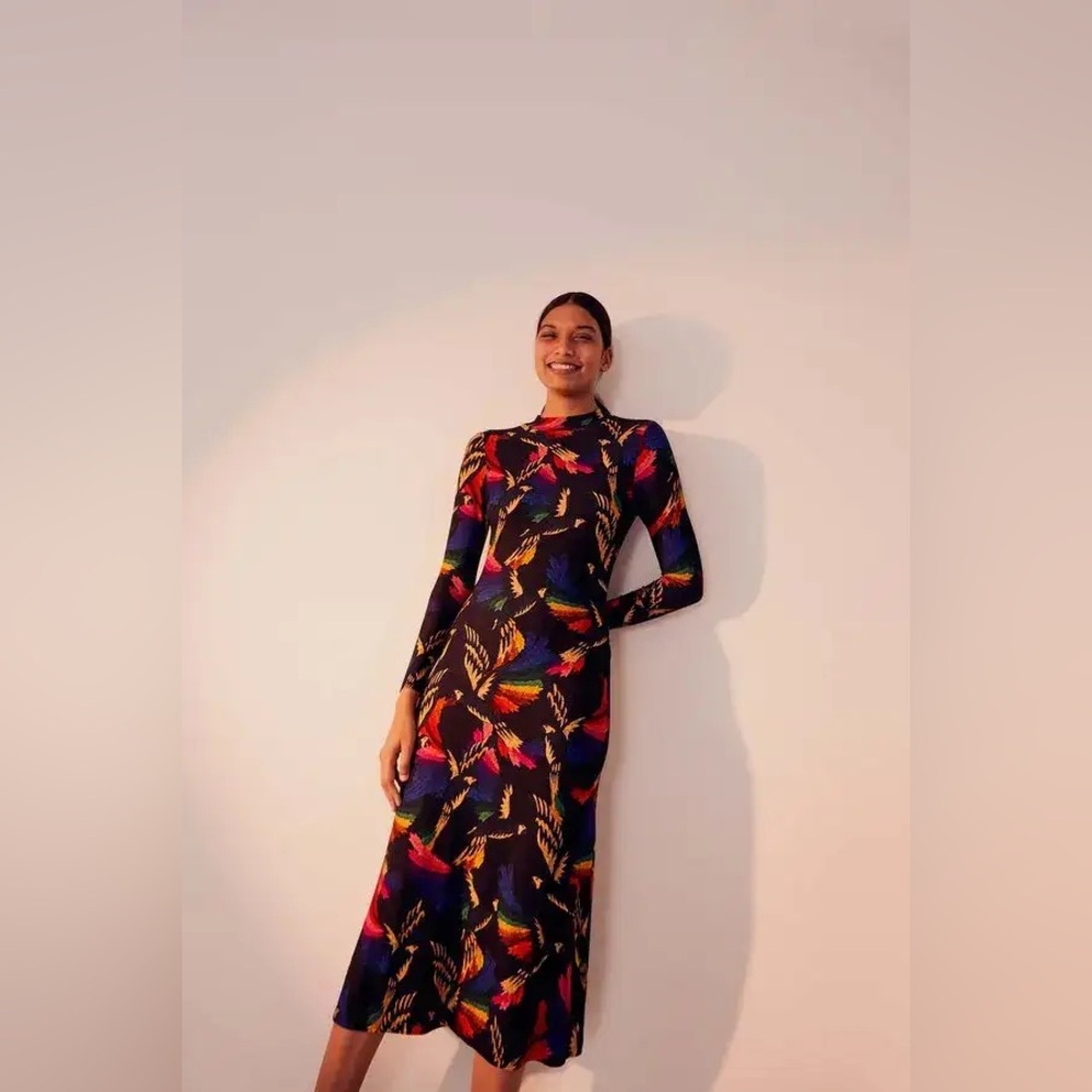 Farm Rio Black Macaws Flight Jersey Midi Dress